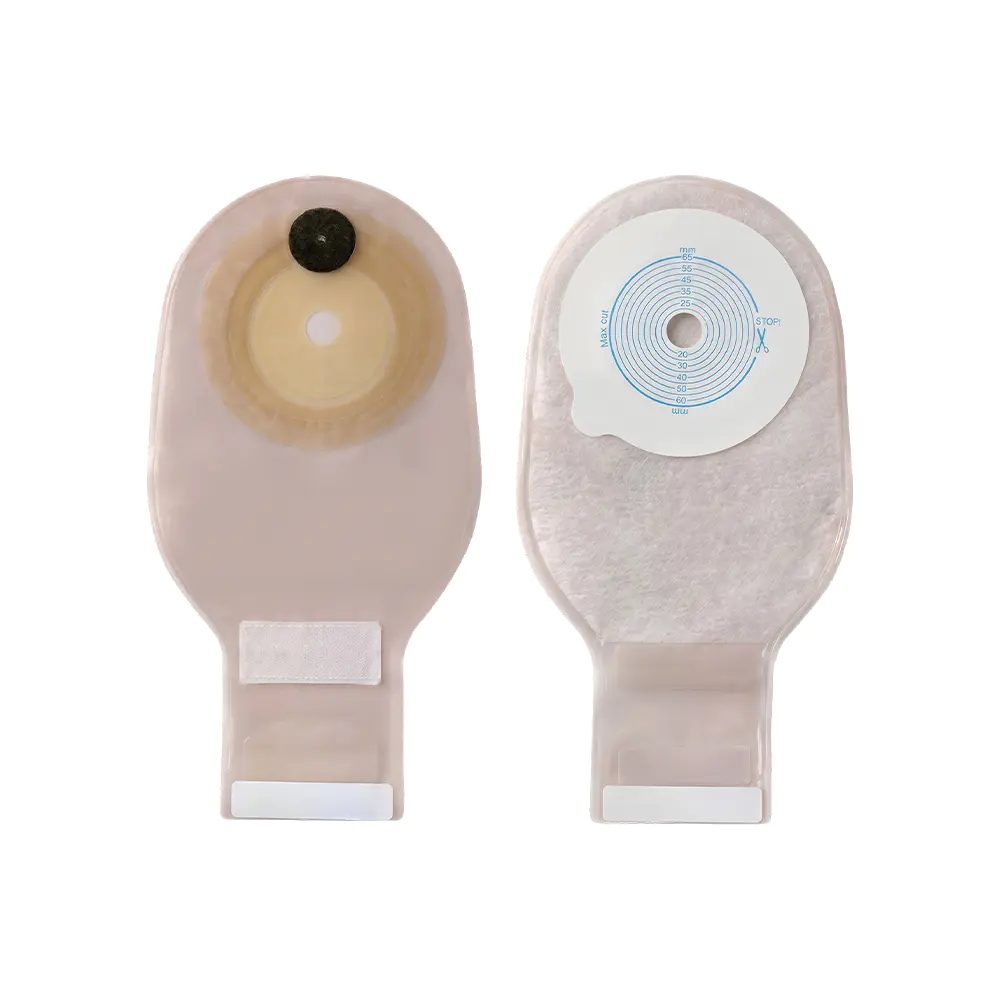 Saco de ostomia com vedação de velcro e camada externa de membrana de malha e não tecido de uma só peça