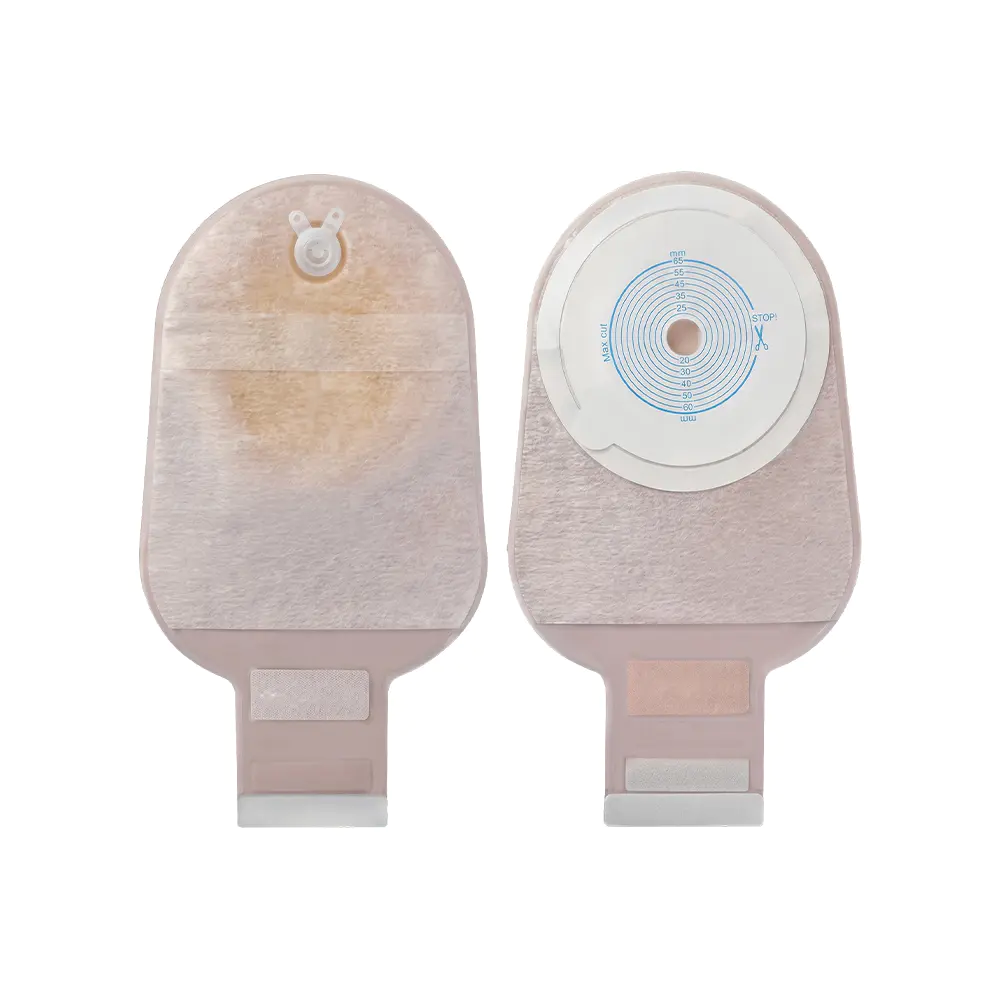 Saco de ostomia com vedação de velcro e camada externa não tecida de dupla face de uma peça