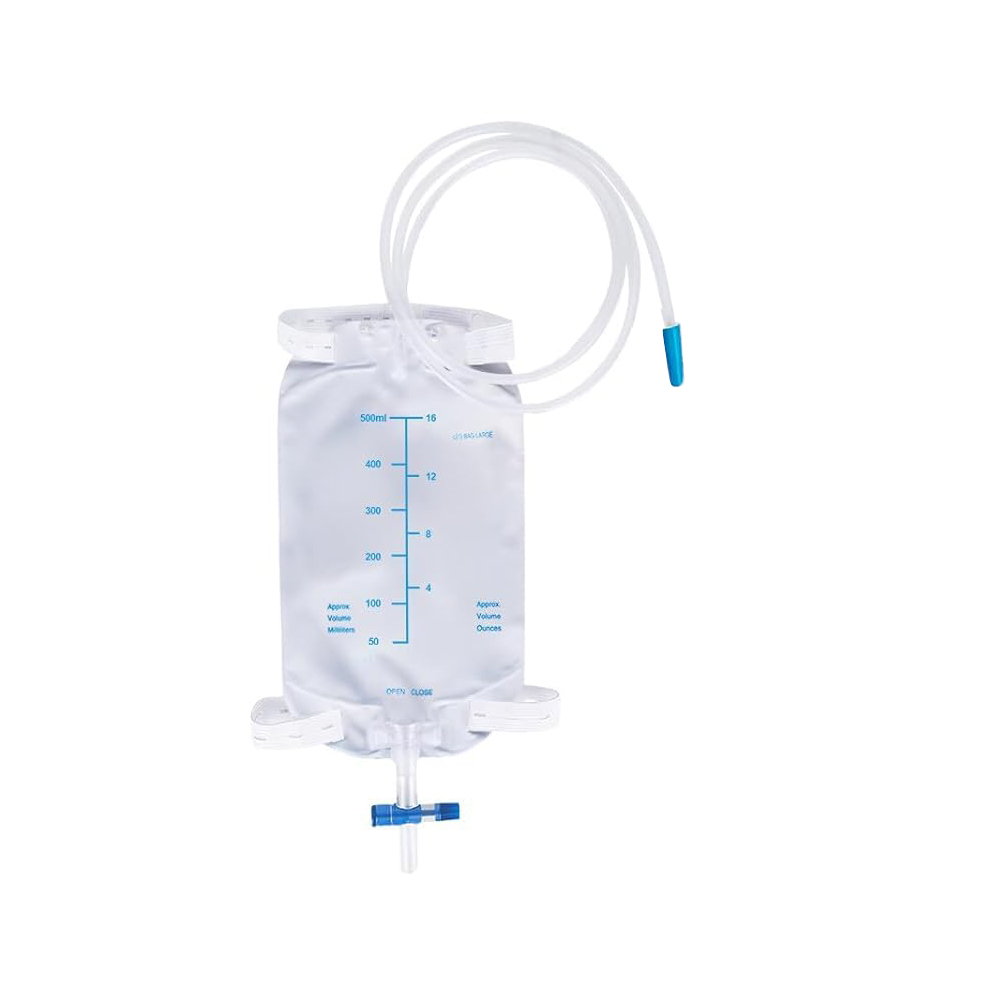Bolsa urinária de PVC médica portátil e discreta, 500ml, sem látex, com válvula anti-refluxo